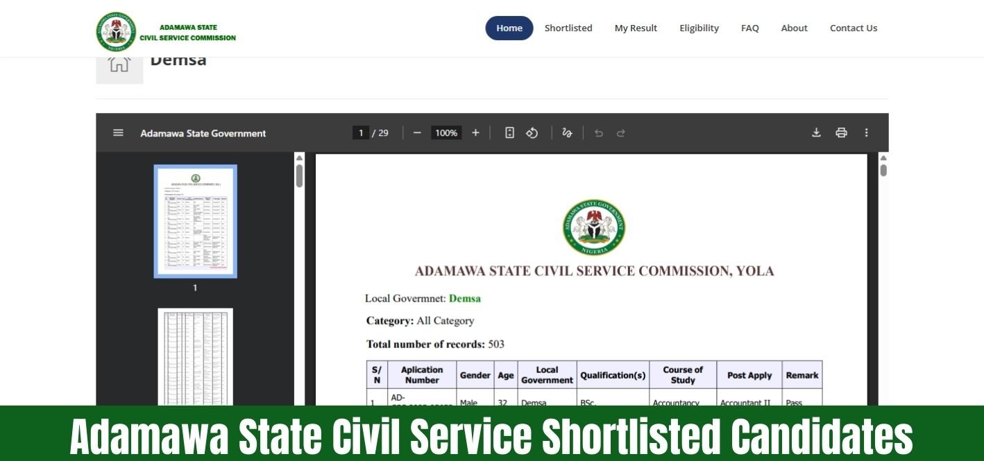 Adamawa State Civil Service Shortlisted Candidates